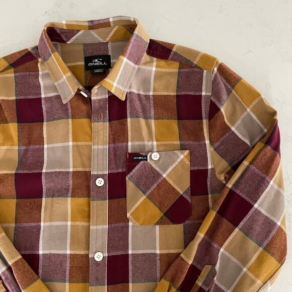 O'Neill Button Down LS 100% Cotton Check Shirt Burgundy Wht Tan Gold Sz S/M NWT - Picture 2 of 12